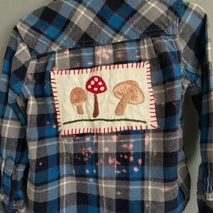 Weatherproof Blue Plaid Kids Button Down Flannel Shirt with Hand Embroider Patch